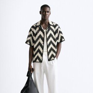NWT ZARA MAN Contrast Crochet Shirt Size L Fits M Black/Ecru REF. 7200/449